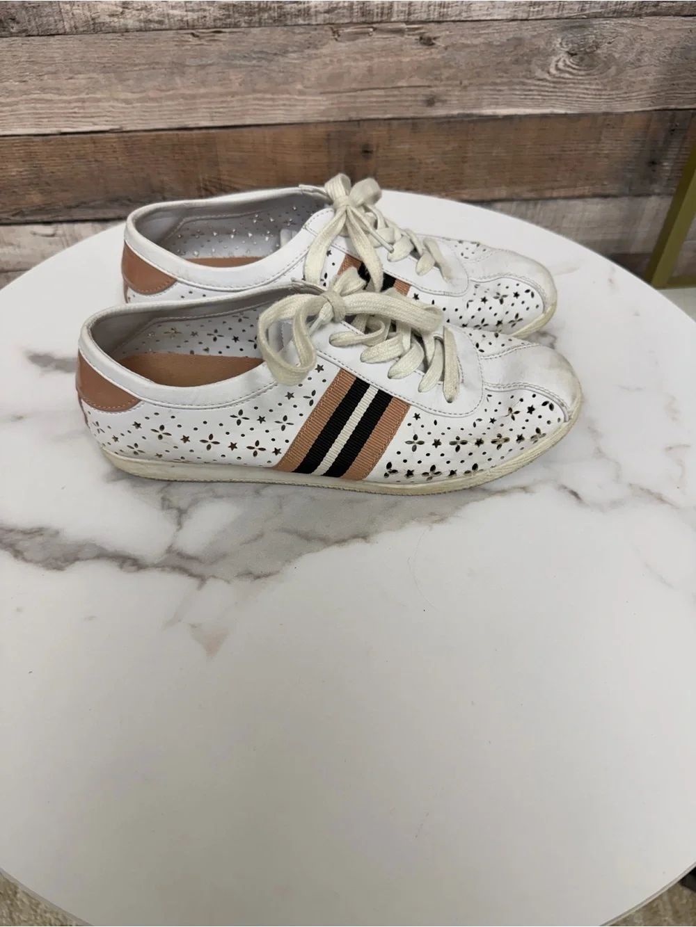 Nine West White Sneaker With Pink and Black Stripes